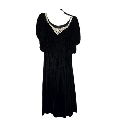 Vtg GUNNE SAX By Jessica McClintock Black Velvet Lace Trim Puff Sleeve F&F Dress