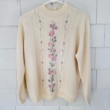 Alfred Dunner Embroidered Floral Cottagecore Crewneck Sweater Cream size XL