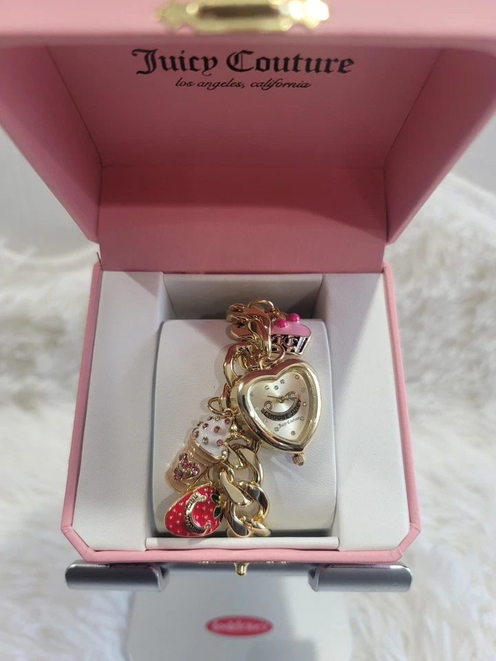 Juicy Couture Heart Charm Bracelet Wrist Watch, Costume Jewelry Gold Tone New Foto 2 de 2