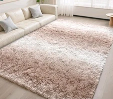 DweIke 5x8 Area Shag Rug With Non Slip Backing, Beige And White, Fuzzy Soft Rugs