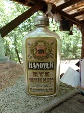 MASSACHUSETTS WHISKEY FLASK-Half Pint-Hanover Rye-Boston-Label-Embossed-1890s