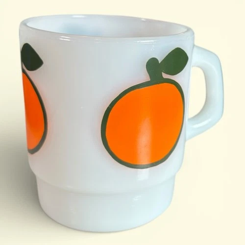 Vtg Anchor Hocking Fire King Coffee Tea Mug Cup White Milk Glass Orange Fruit FS