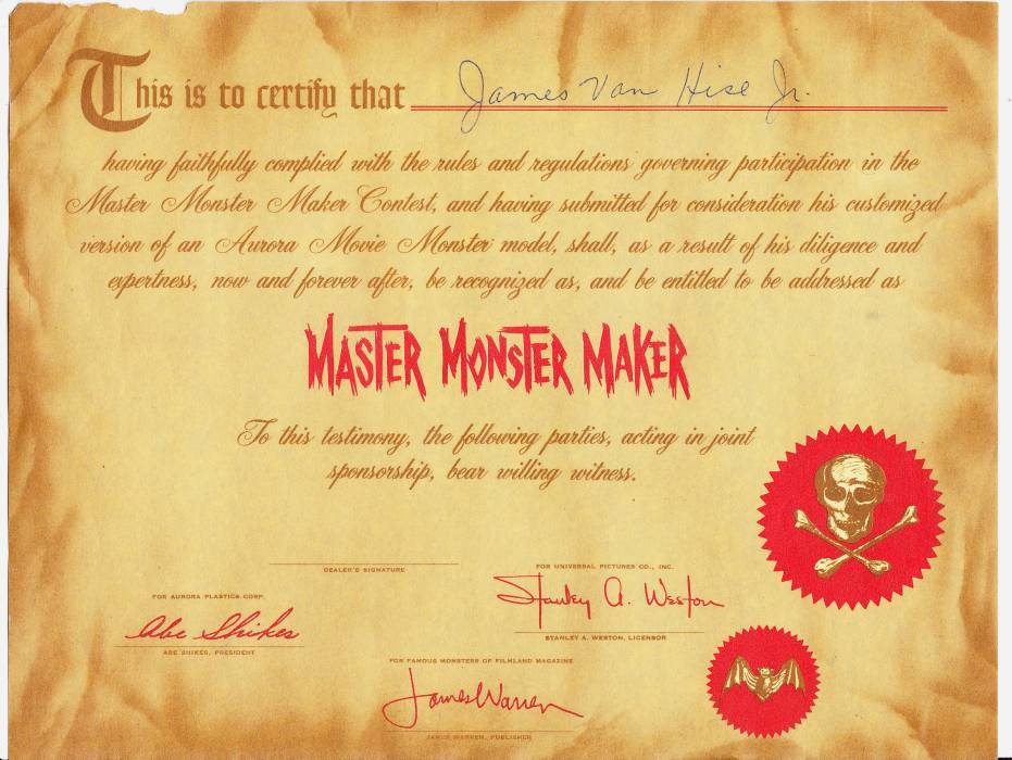 Vintage 1964 original AURORA MASTER MONSTER MAKER certificate - Famous Monsters