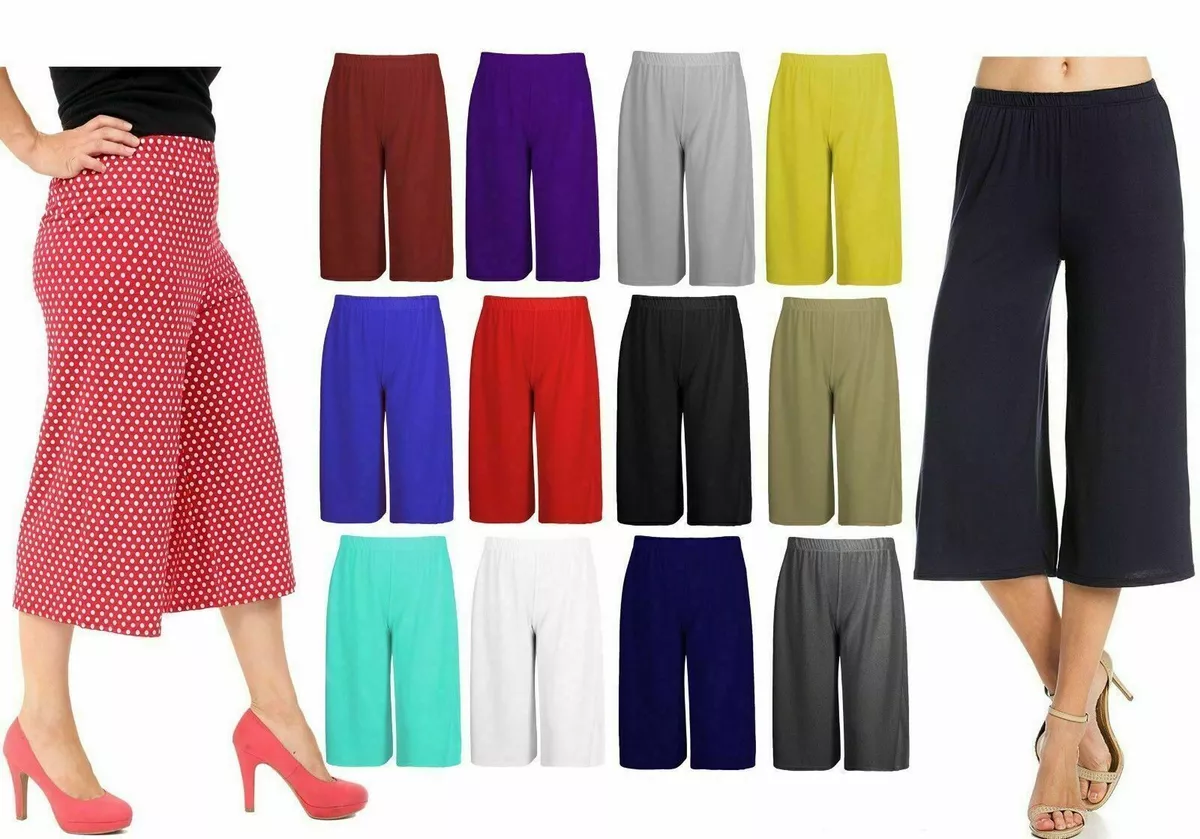 New Ladies Casual Wide Leg Plain Culottes 3/4 Length Shorts Trousers Pants