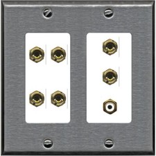 3.1 Speaker 6 Banana Binding Post Wall Plate with 1 x RCA 2 Gang Stainless/White