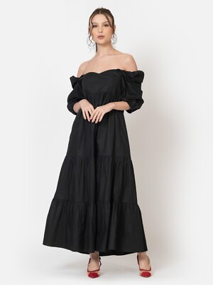 New Solid Black Women's Casual Ruffle Puff Sleeve Summer Long