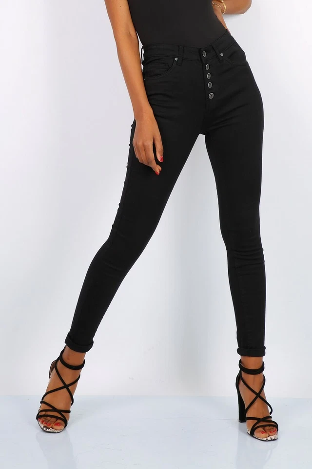Skinny Damen Stretch Röhrenjeans mit Knopfleiste Schwarz #H1815 - Bild 2 von 4