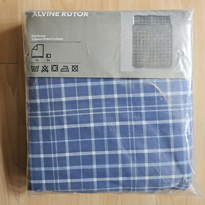 IKEA Alvine Rutor QUEEN Full Duvet Cover w Pillowcases Set BLUE Check ...
