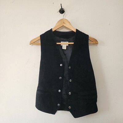 Espirit Sport Black Suede Leather Vest Size Small Made in Korea Snap Button