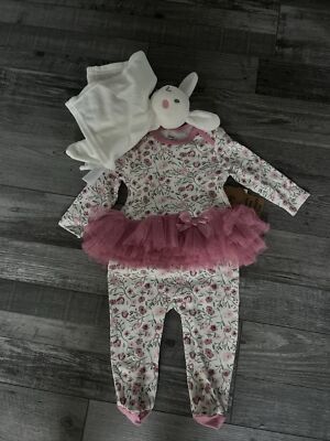 NEW NWT Baby Essentials Girls Month Floral Tutu Sleeper Bunny Lovey Set 