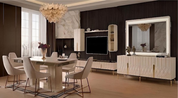 Esszimmer Set Esstisch 6X StüHle Beige Moderner Stil Elegant Schick-image