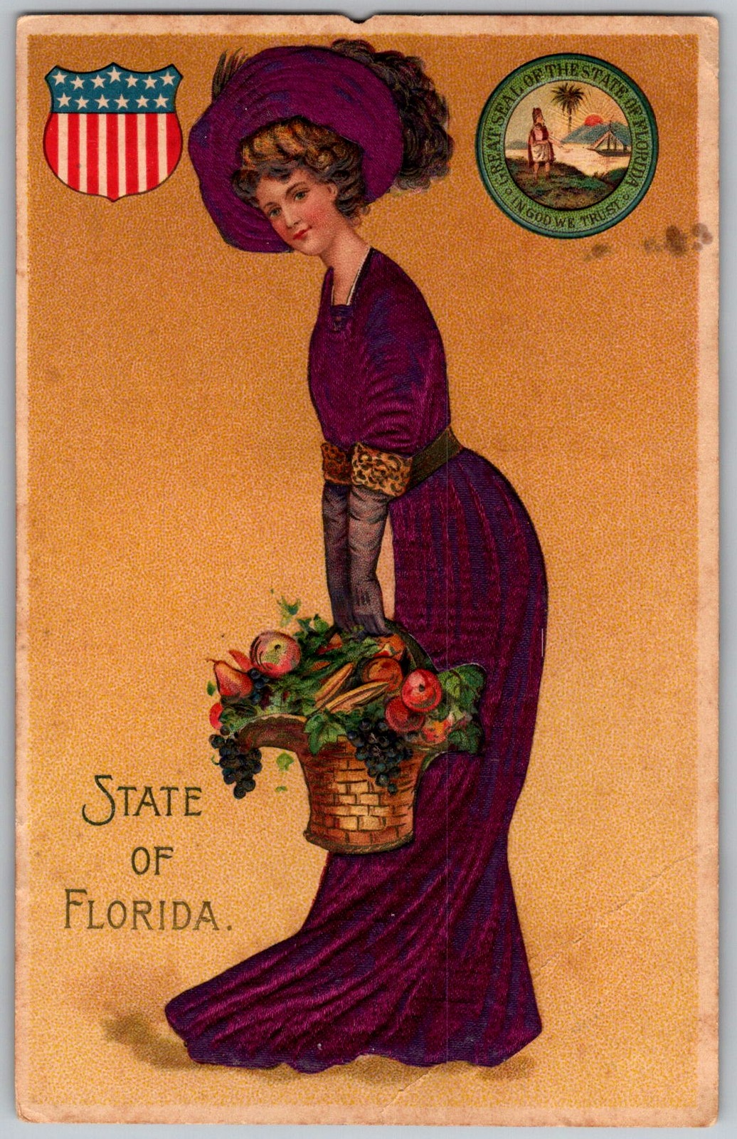 Antique Postcard Woman Fruit Basket Florida, US 1910s