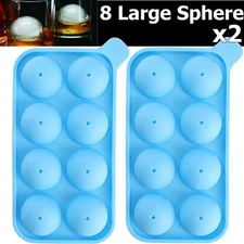 2x Round Ice Cube Ball Maker Tray 8 Large Sphere Silicone Molds Bar + 2x funnels
