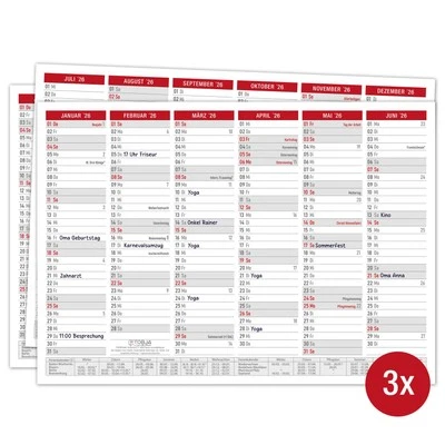TOBJA 3x Tafelkalender 2026 DIN A4 Wandkalender Wandplaner Jahresplaner 350g/m² Karton
