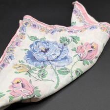 Vtg 1940s 1950s Floral Handkerchief Pink Blue Yellow Wild Roses Flower Hankie
