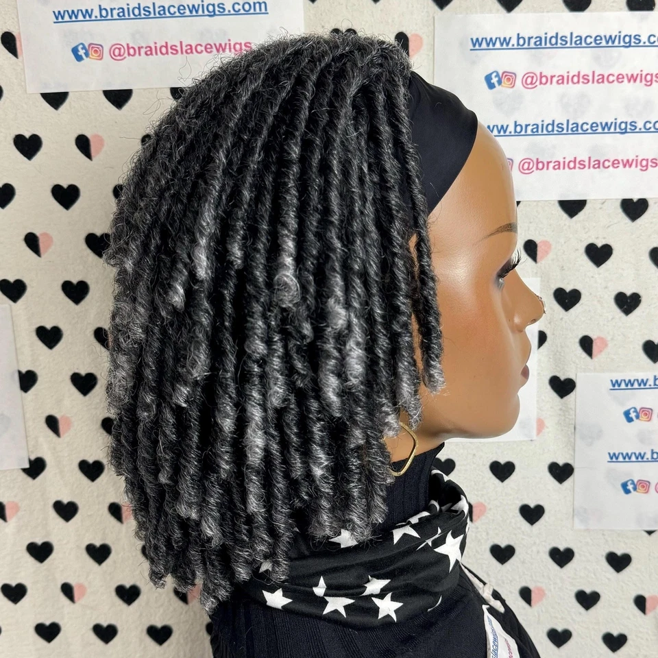 Peluca trenzada diadema afro sintética Dreadlock de imitación corta gris negra Foto 2 de 4