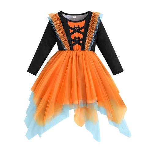 Kids Girls Dress Carnival Skirt Bat Gown Theme Long Sleeve Cosplay Festival - Picture 14 of 24