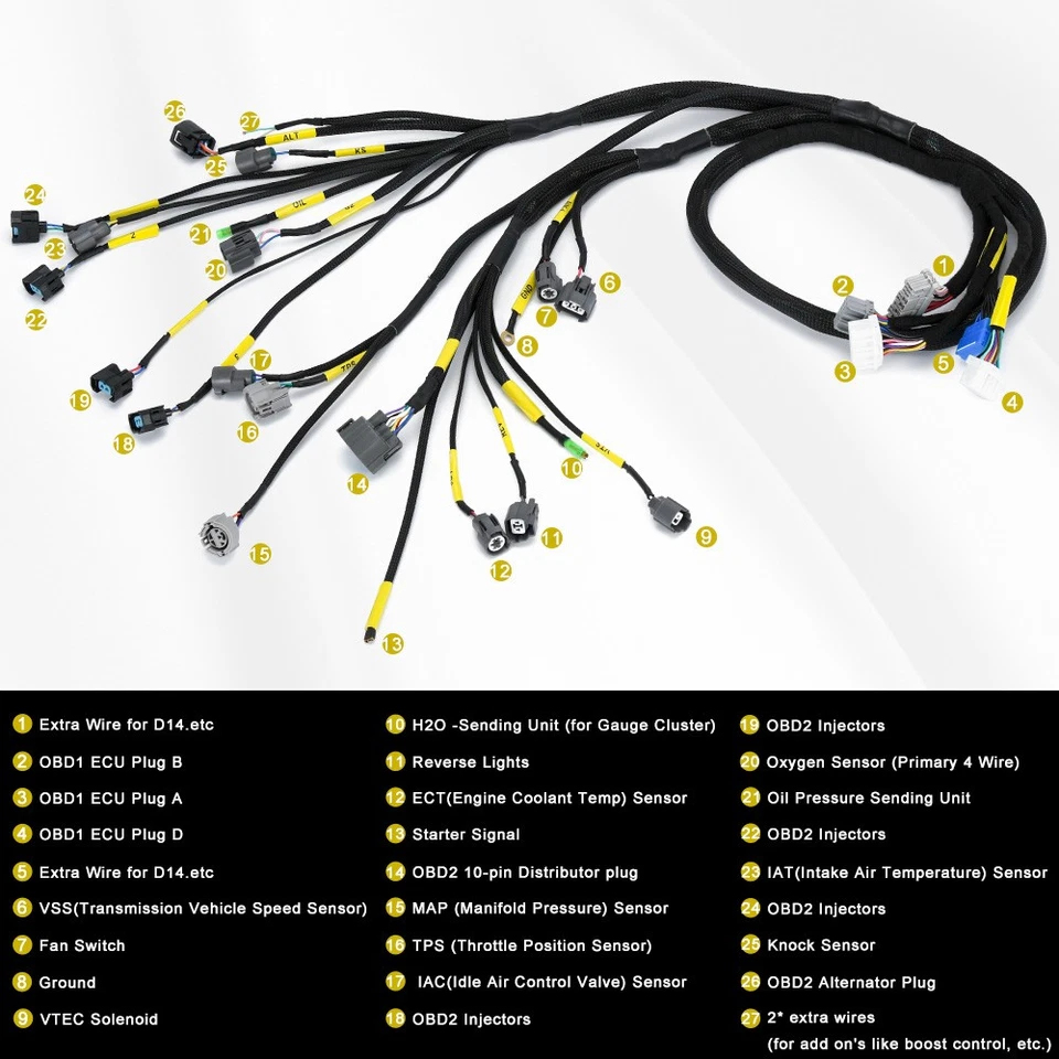 Arnés de cables de motor escondido serie D y B OBD2 para 92-00 Civic Integra B16 B18 D16 Foto 2 de 4