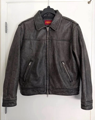 Mutimer Men's Vintage Black Leather Full-Zip Jacket, Point Collar, Size L - product listing photo