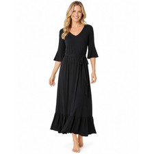Soft Surroundings Dress Womens XS Black Maxi Ruffle V Neck Belt Pockets NWT