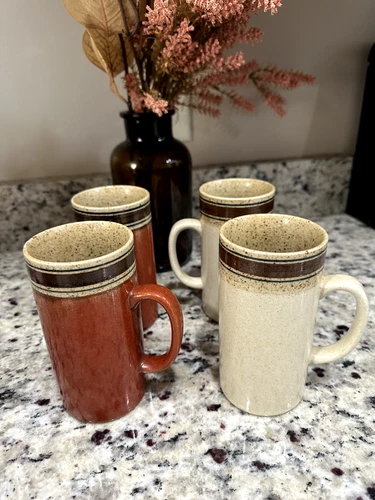 Vintage 70s Otagiri Horizon striped stoneware ceramic mugs set of 4