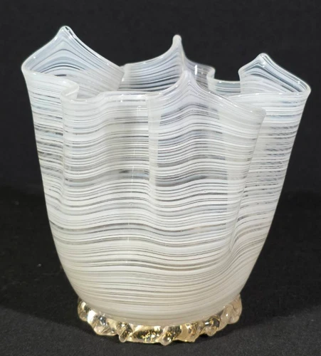 Vintage Hand Blown White Striped Art Glass Vase Italian Venetian Murano