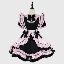 Lolita Japanese Sweet Dress Black Pink Maid Outfit Cosplay Costume Headgear New