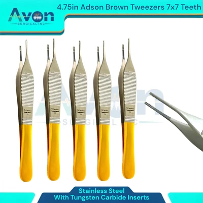 AVON SURGICAL 4.75" Adson Brown Thumb Forceps with Tungsten Carbide Insert Jaws, 7x7, Premium
