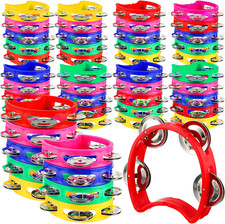50 Pieces Percussion Hand Tambourine for Kids in Bulk 4 Bells Plastic Colored No
