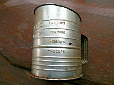 Vintage Jacob Bromwell's Metal 5 Cup Measuring Flour Sifter 4 Wire Agitator USA