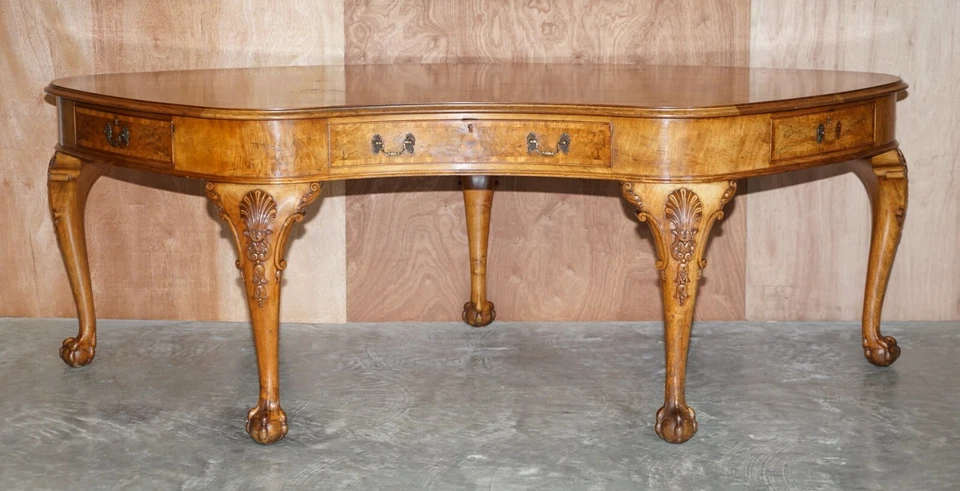 BURR WALNUT ANTIQUE VICTORIAN LION CLAW & BALL FEET KIDNEY LIBRARY TABLE DESK - Image 3 of 4