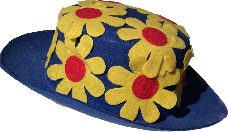 BLUE CLOWN DAISY DERBY HAT Costume Cap Funny Adult Bowler Yellow Flowers Mime  - Image 4 of 4