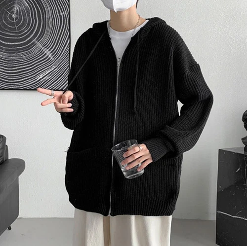 Men Chunky Knit Coat Sweater Hooded Top Cardigan Hoodie Outerwear Casual Student - Picture 11 of 18
