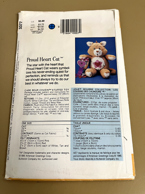 Butterick 3377, UNCUT Sewing Pattern, Care Bears Cousins, Proud