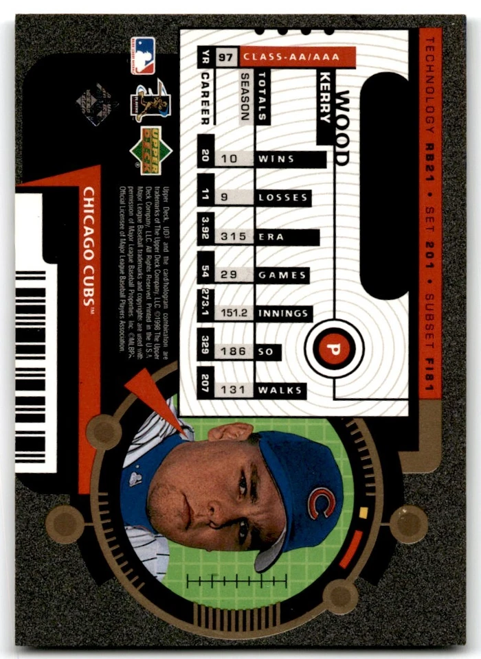 1998 UPPER DECK UD3 KERRY WOOD CHICAGO CUBS #201 - Image 2 of 2