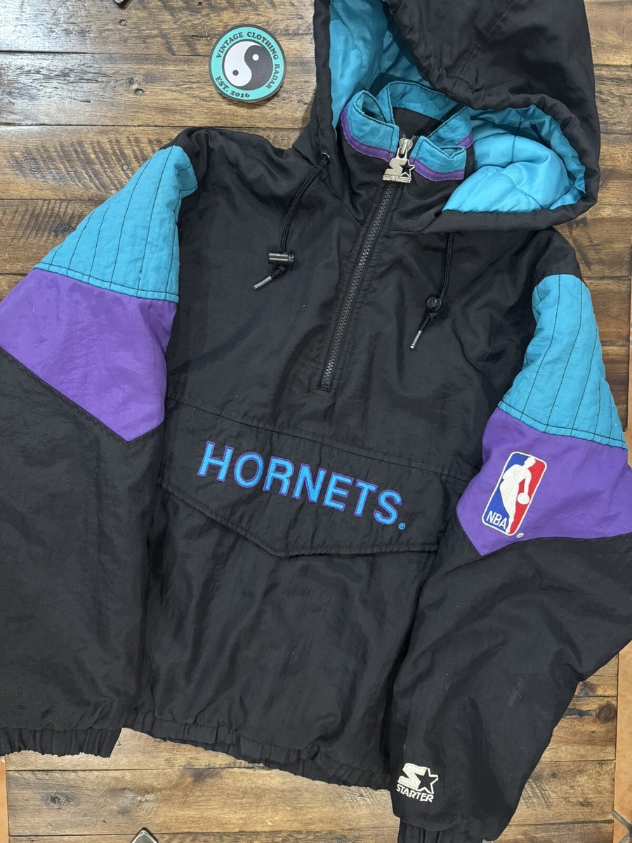 Vintage 90s Charlotte Hornets Starter black jacket half Vintage 90s Charlotte Hornets Starter black jacket half