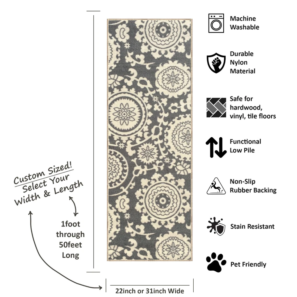 Alfombra de corredor de pasillo de escalera tamaño personalizado espalda de goma antideslizante gris medallón floral Foto 4 de 4