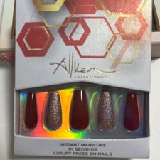 Allkem Nails Press On Red Pink 24Nails 10Sizes File Nail Glue Cuticle Stick