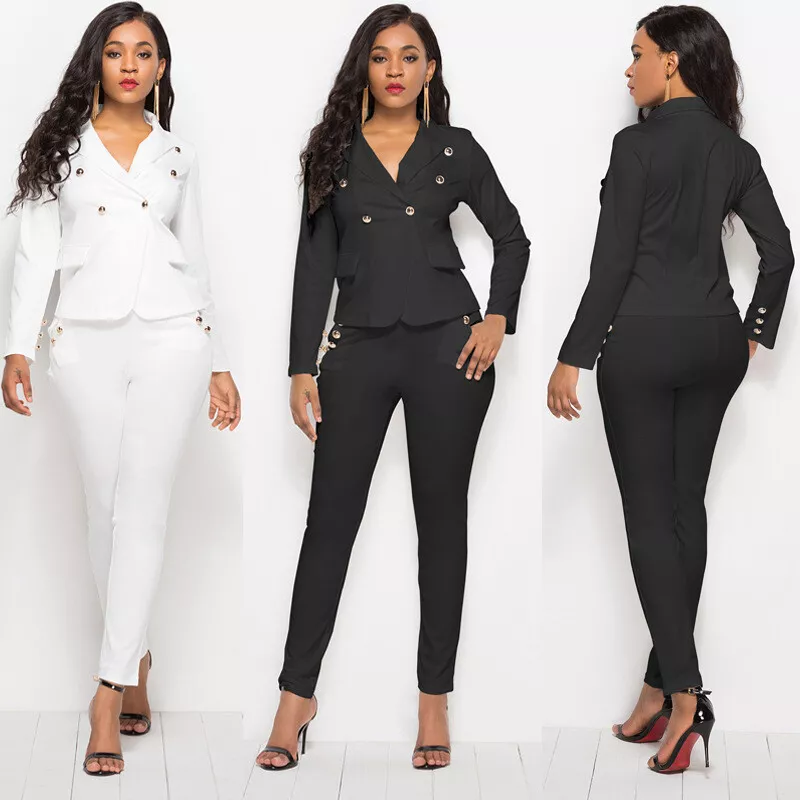 Womens Sexy Formal Button-Up Asymmetrical Suit Jacket Dress Pants Outfit  S-XL