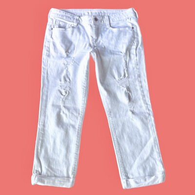 ARIZONA Distressed White Denim Cuffed Capri Crop Jeans Size 9… EUC 