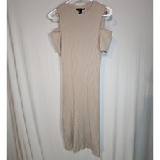 Forever 21 Cold Shoulder Ribbed Bodycon Dress Cream Tan Stretch Midi Maxi Casual