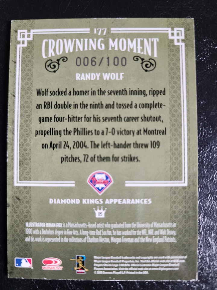 RANDY WOLF 2005 DONRUSS DIAMOND KINGS #177 PHILADELPHIA PHILLIES #006/100 - Imagem 2 de 2
