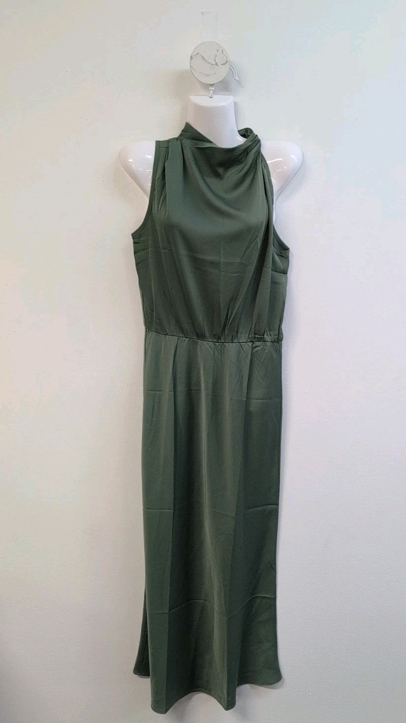 BTFBM Cocktail Dress Women's Satin Sleeveless Mock Neck Maxi Small Army Green-image