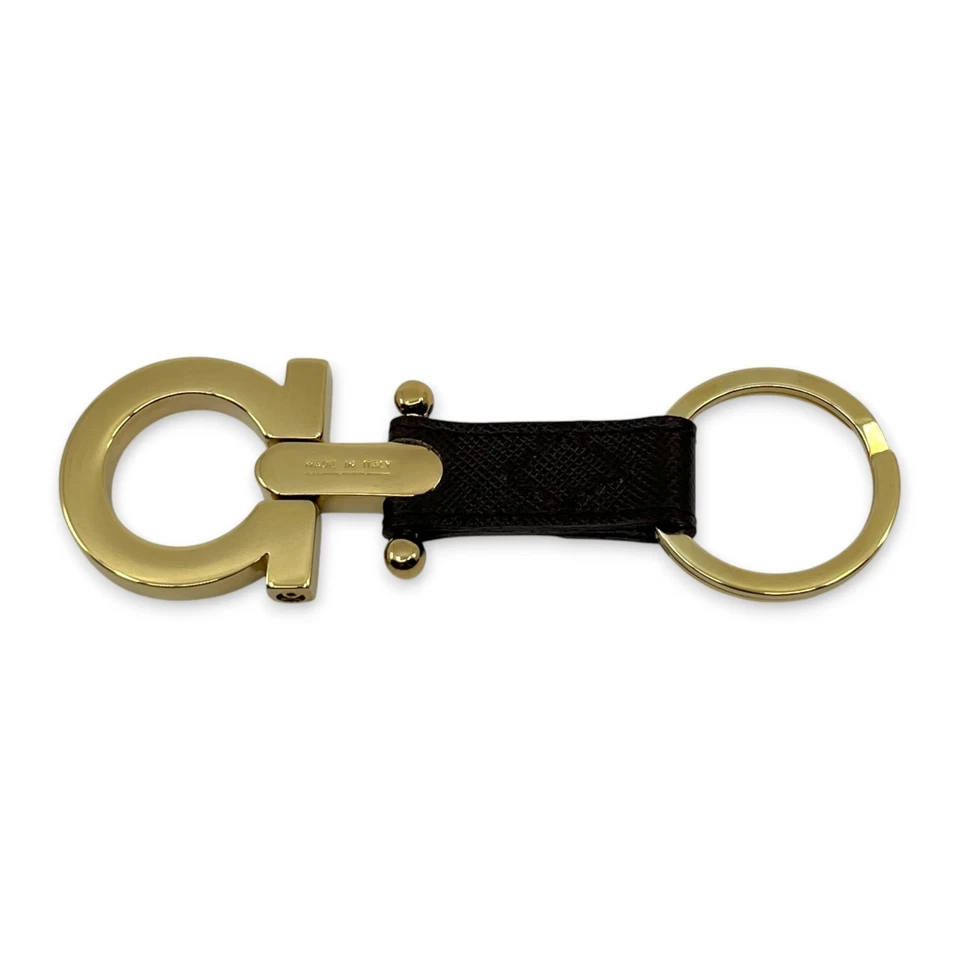 Salvatore Ferragamo Gold-Tone Gancini Key Ring Charm Dark Brown Leather w/ Box - Image 3 of 4