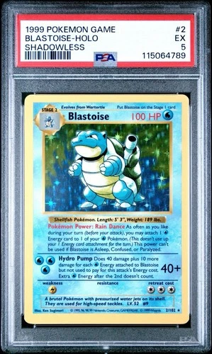 PSA 5 1999 Pokemon Blastoise 2/102 SHADOWLESS Base Set MINT! Pokémon Card