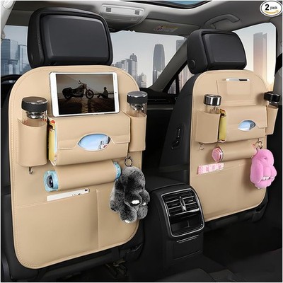 2PCS Car Seatback Organizer, Waterproof Leather Seat Back Storage Color: Beige