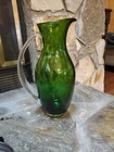 BLENKO Glass Pitcher Green OLIVE Emerald Clear Handle Tall Thick Handblown 11 In