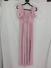Ruched Shoulder V-Neck Maxi Dress Small Pink Side Slit Sleeveless Boho Summer