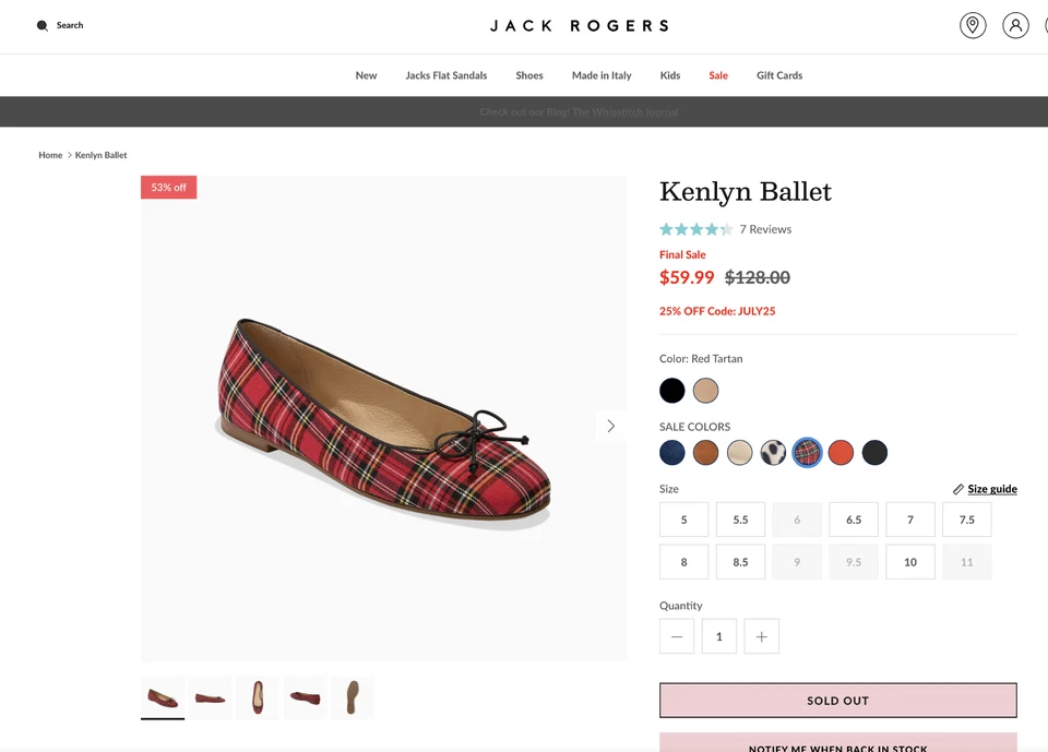 JACK ROGERS Kenlyn Ballet Red Tartan Flat Sold Out! Women's Size 9 $128 MSRP - Image 2 of 4