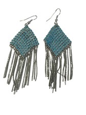 Blue Rhinestone Fringe Dangle Earrings Silver Chains Boho Style Lightweight 4"